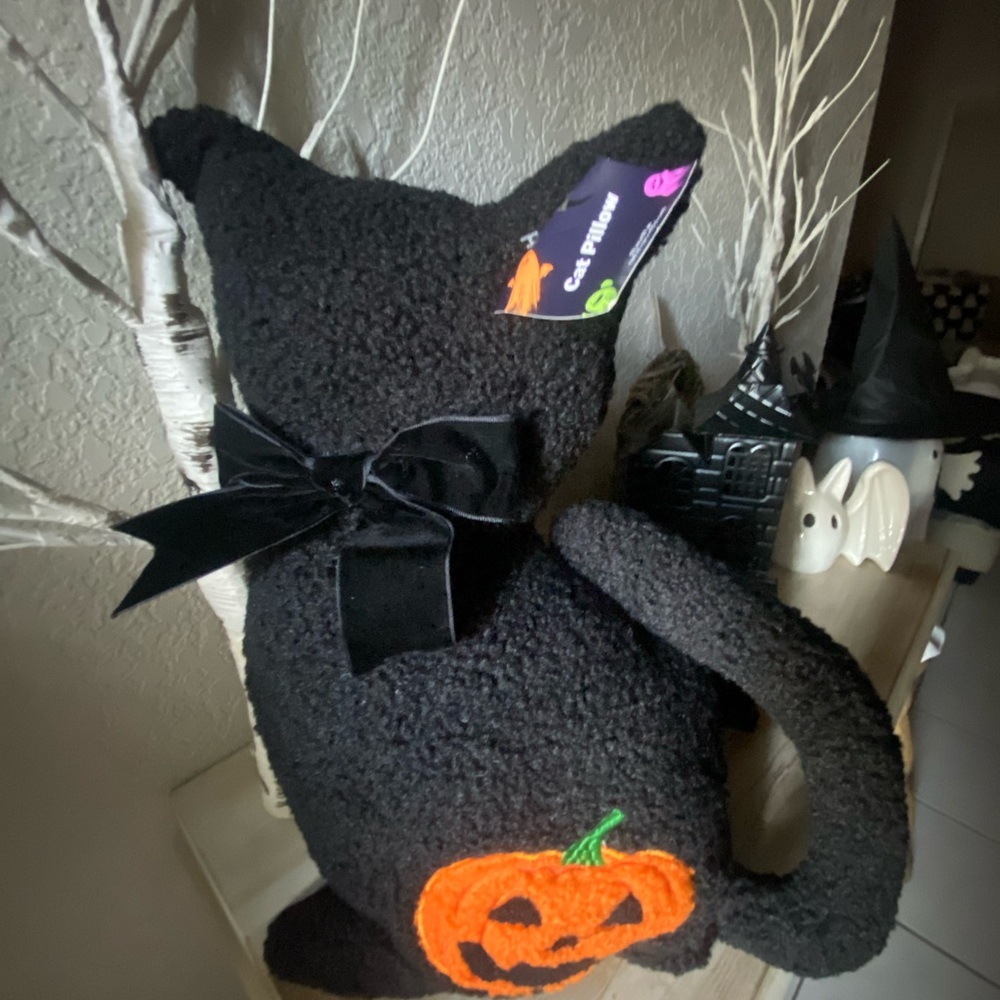 Black Cat Halloween Pillow with Pumpkin Design